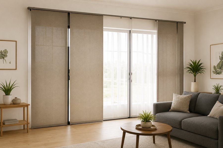 Panel glide blinds for sliding doors in a modern Sydney home