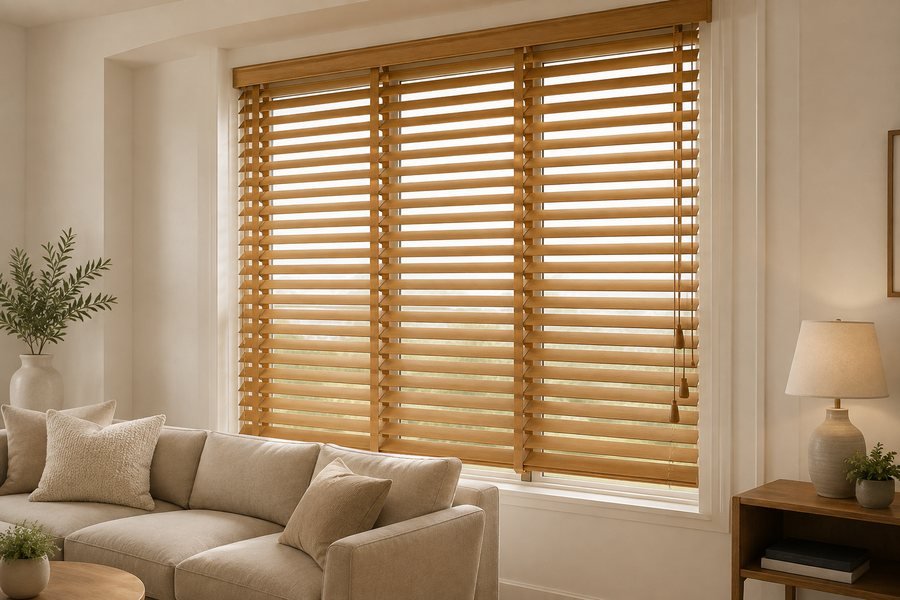 Wooden Venetian blinds in a modern Sydney living room